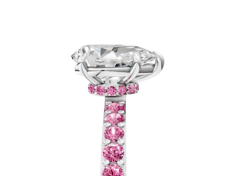 White gold Pear Cut Diamond Pavé Engagement Ring with Round with Pink Sapphire side stone Accents and Prong Setting_17