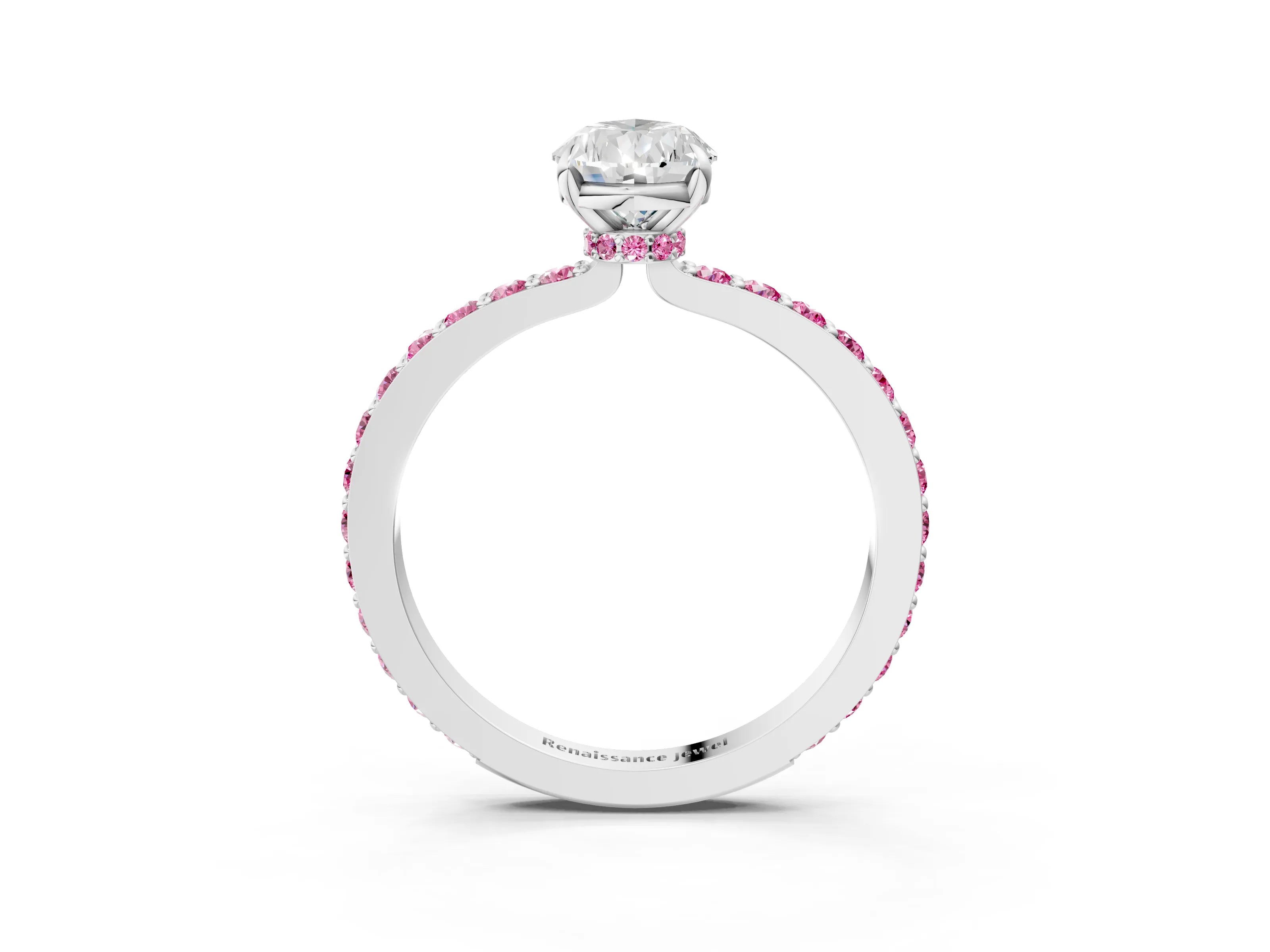 White gold Pear Cut Diamond Pavé Engagement Ring with Round with Pink Sapphire side stone Accents and Prong Setting_27