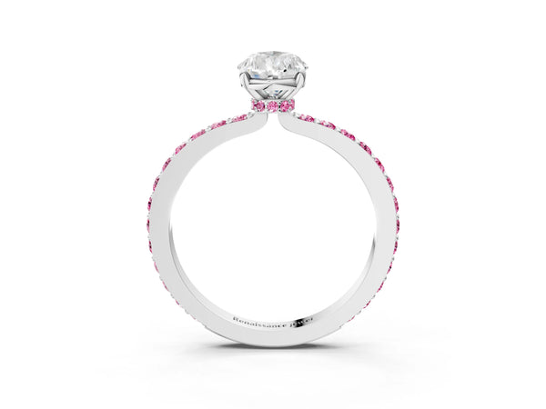White Gold Pear-Shaped Hidden Halo Engagement Ring Setting with Lab-Grown Pink Sapphire Pave Band