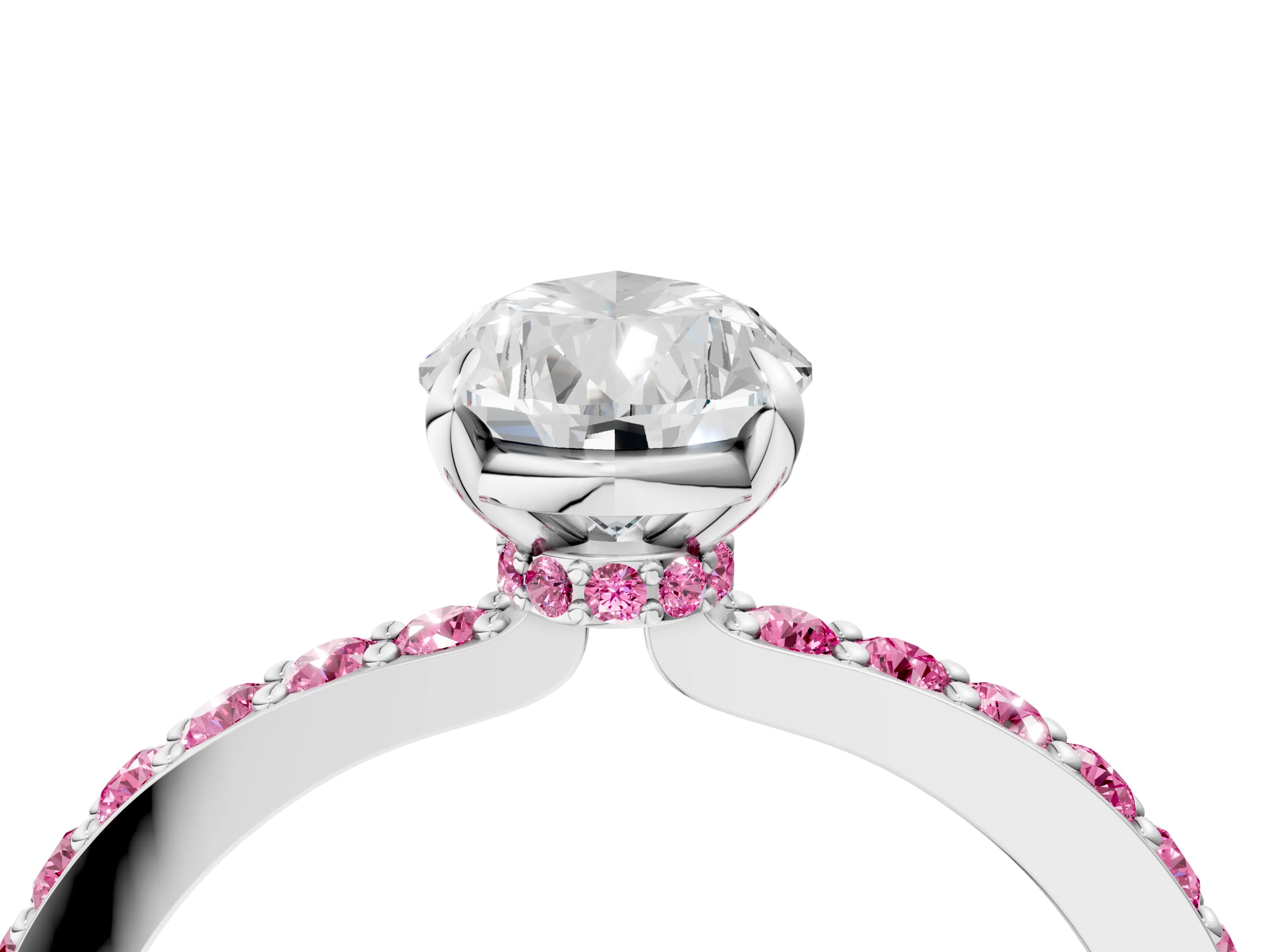 White gold Pear Cut Diamond Pavé Engagement Ring with Round with Pink Sapphire side stone Accents and Prong Setting_28