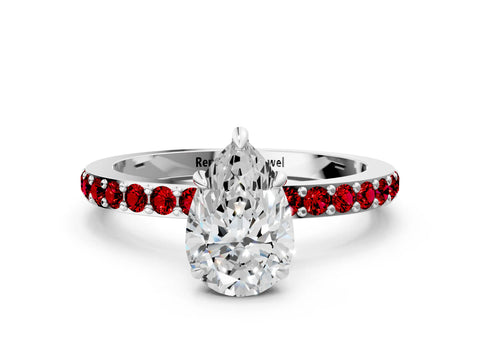 White gold Pear Cut Diamond Pavé Engagement Ring with Round with Ruby side stone Accents and Prong Setting_12