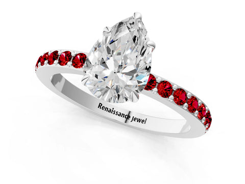White gold Pear Cut Diamond Pavé Engagement Ring with Round with Ruby side stone Accents and Prong Setting_13