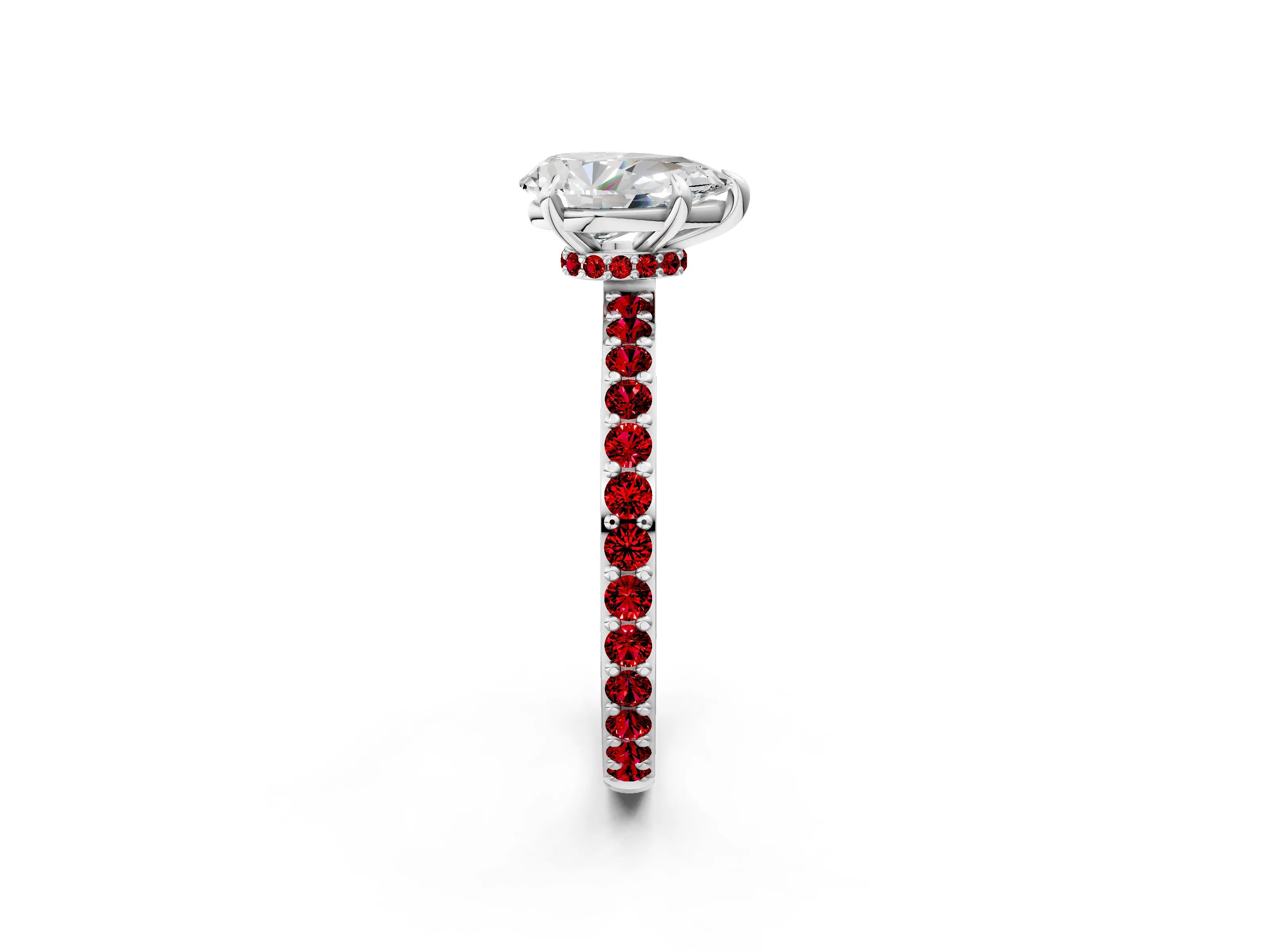 White gold Pear Cut Diamond Pavé Engagement Ring with Round with Ruby side stone Accents and Prong Setting_14