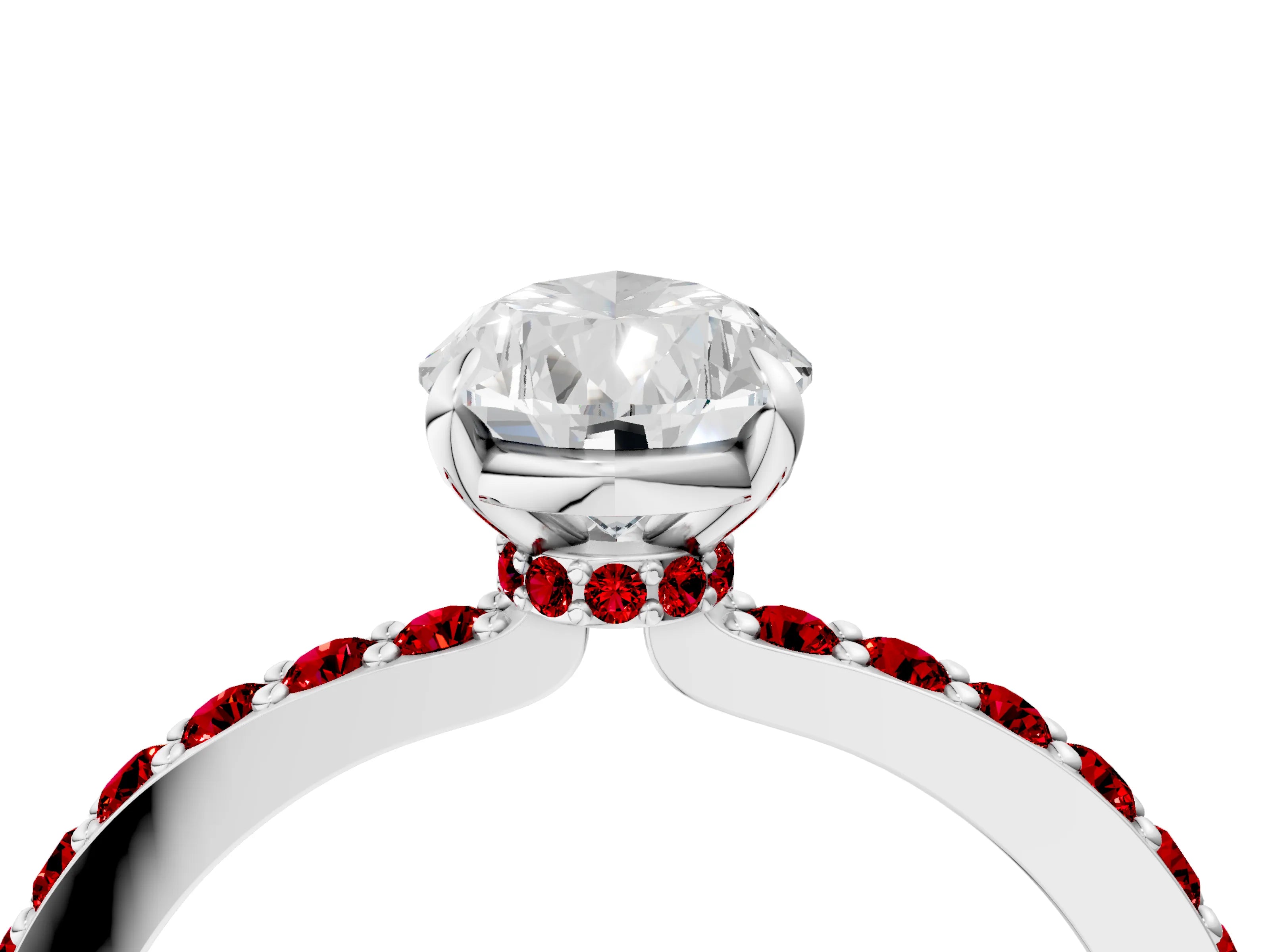 White gold Pear Cut Diamond Pavé Engagement Ring with Round with Ruby side stone Accents and Prong Setting_16