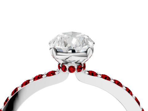 White gold Pear Cut Diamond Pavé Engagement Ring with Round with Ruby side stone Accents and Prong Setting_16