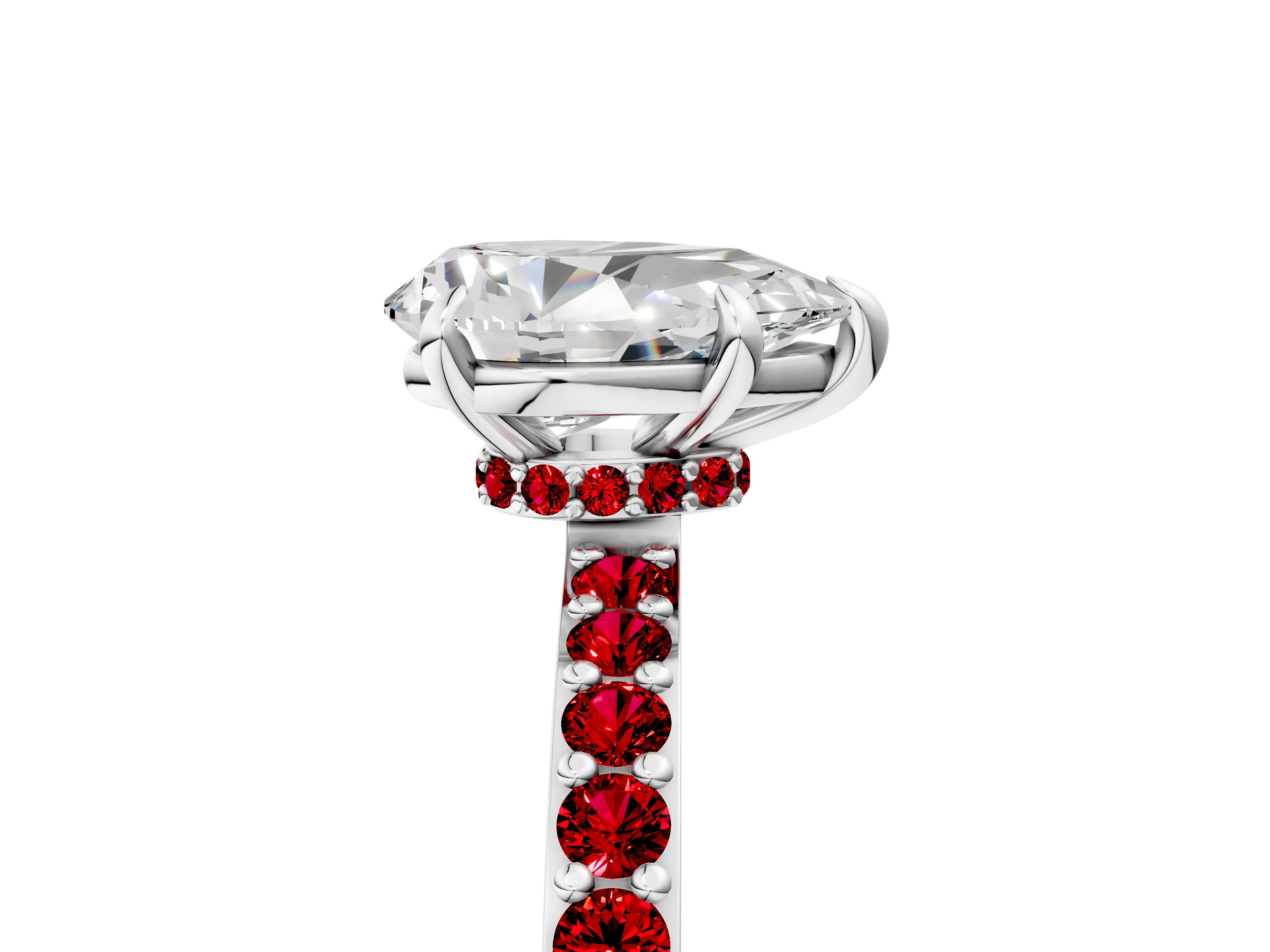 White gold Pear Cut Diamond Pavé Engagement Ring with Round with Ruby side stone Accents and Prong Setting_17
