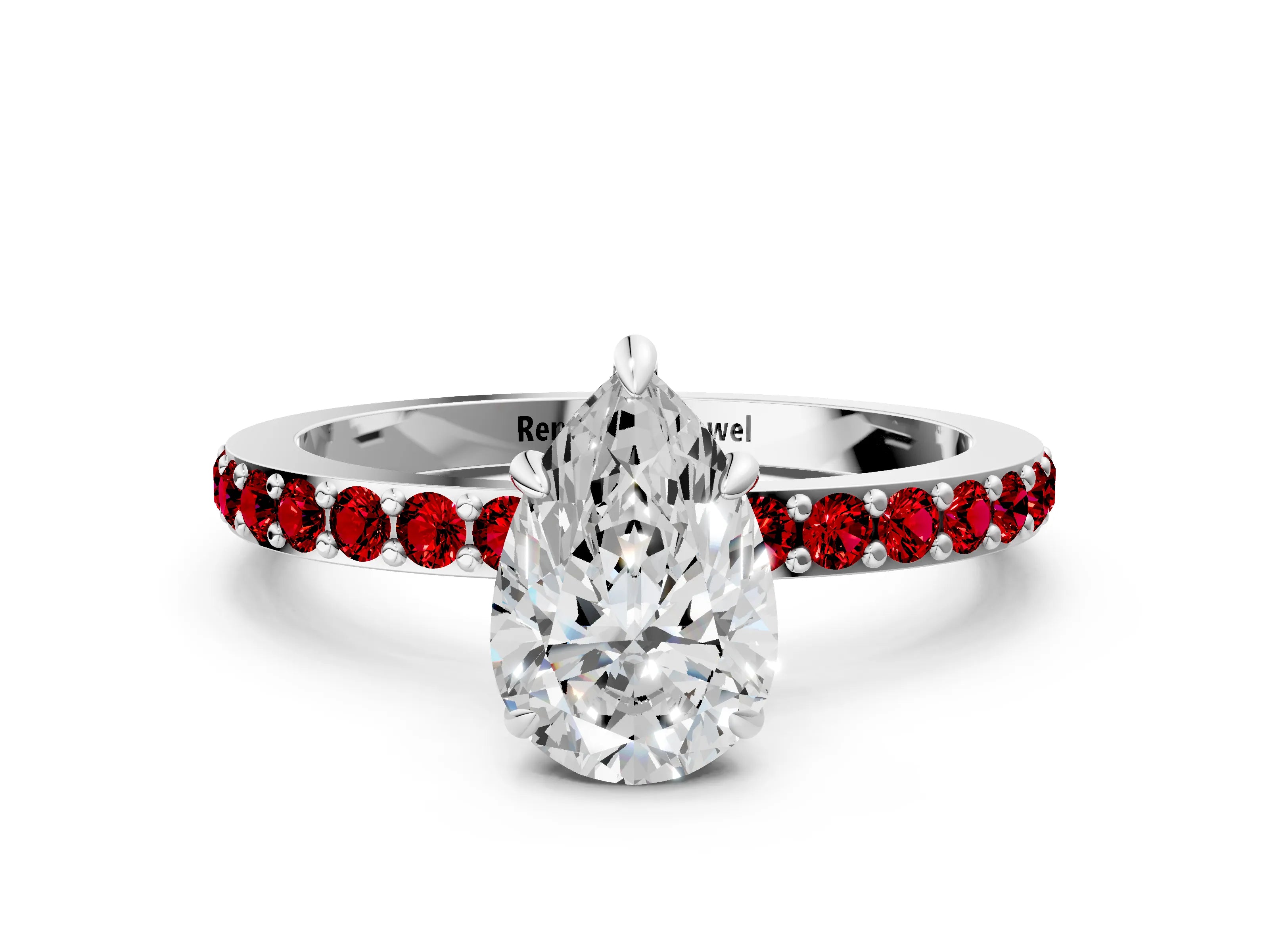 White gold Pear Cut Diamond Pavé Engagement Ring with Round with Ruby side stone Accents and Prong Setting_24
