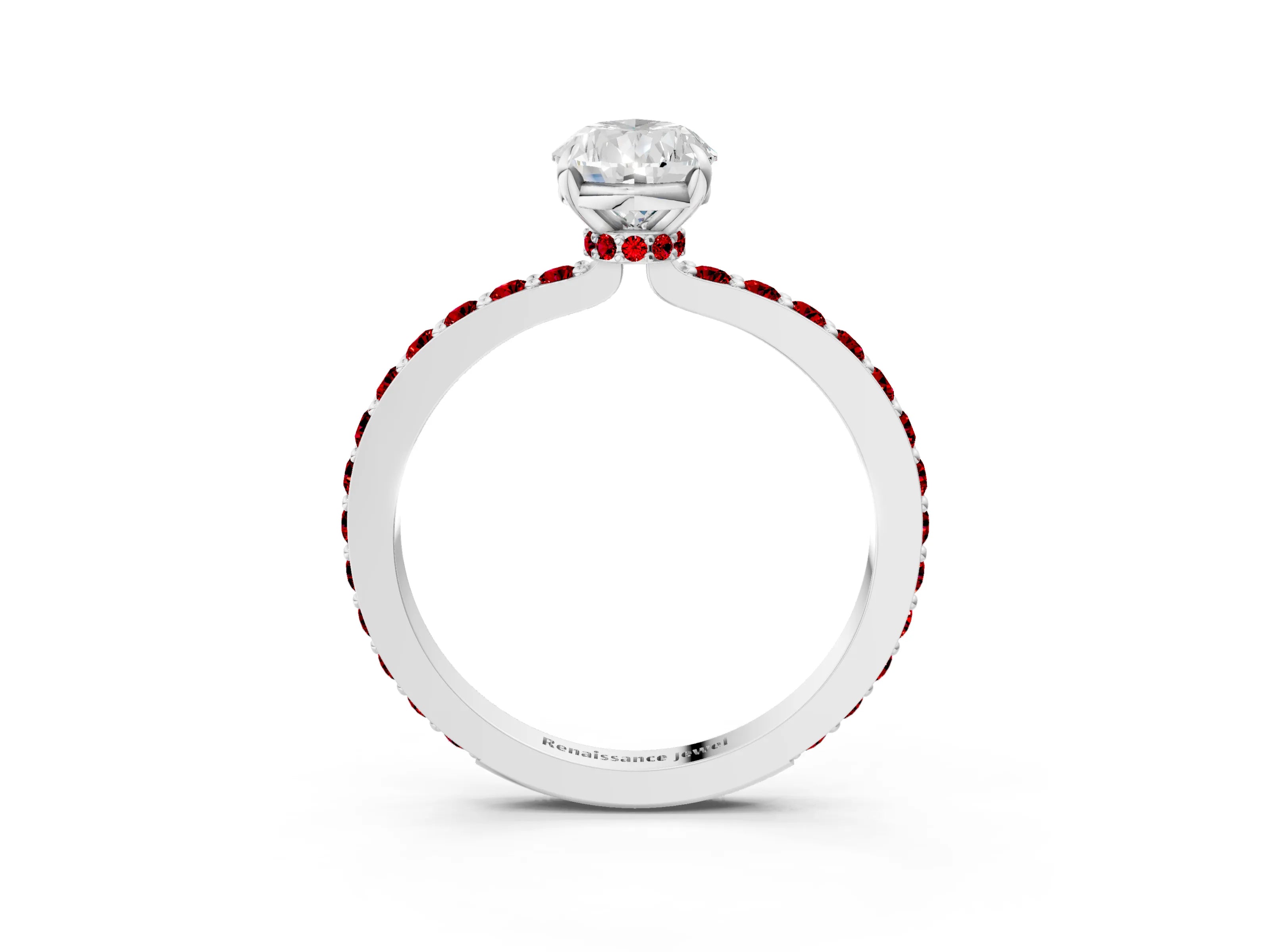 White gold Pear Cut Diamond Pavé Engagement Ring with Round with Ruby side stone Accents and Prong Setting_27
