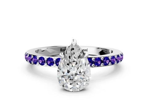 White gold Pear Cut Diamond Pavé Engagement Ring with Round with Tanzanite side stone Accents and Prong Setting_12