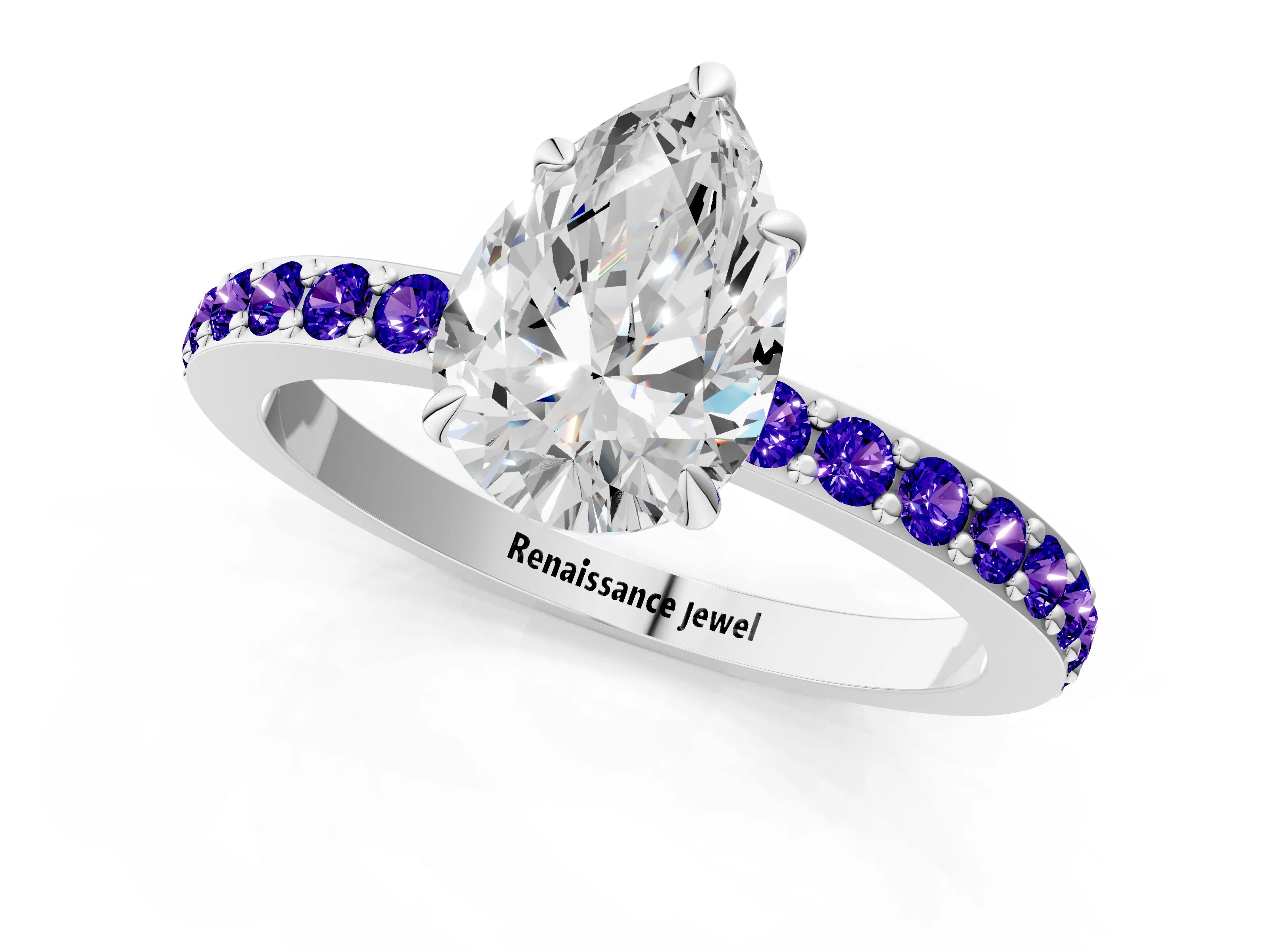 White gold Pear Cut Diamond Pavé Engagement Ring with Round with Tanzanite side stone Accents and Prong Setting_13