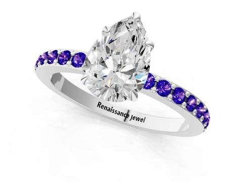 White gold Pear Cut Diamond Pavé Engagement Ring with Round with Tanzanite side stone Accents and Prong Setting_13