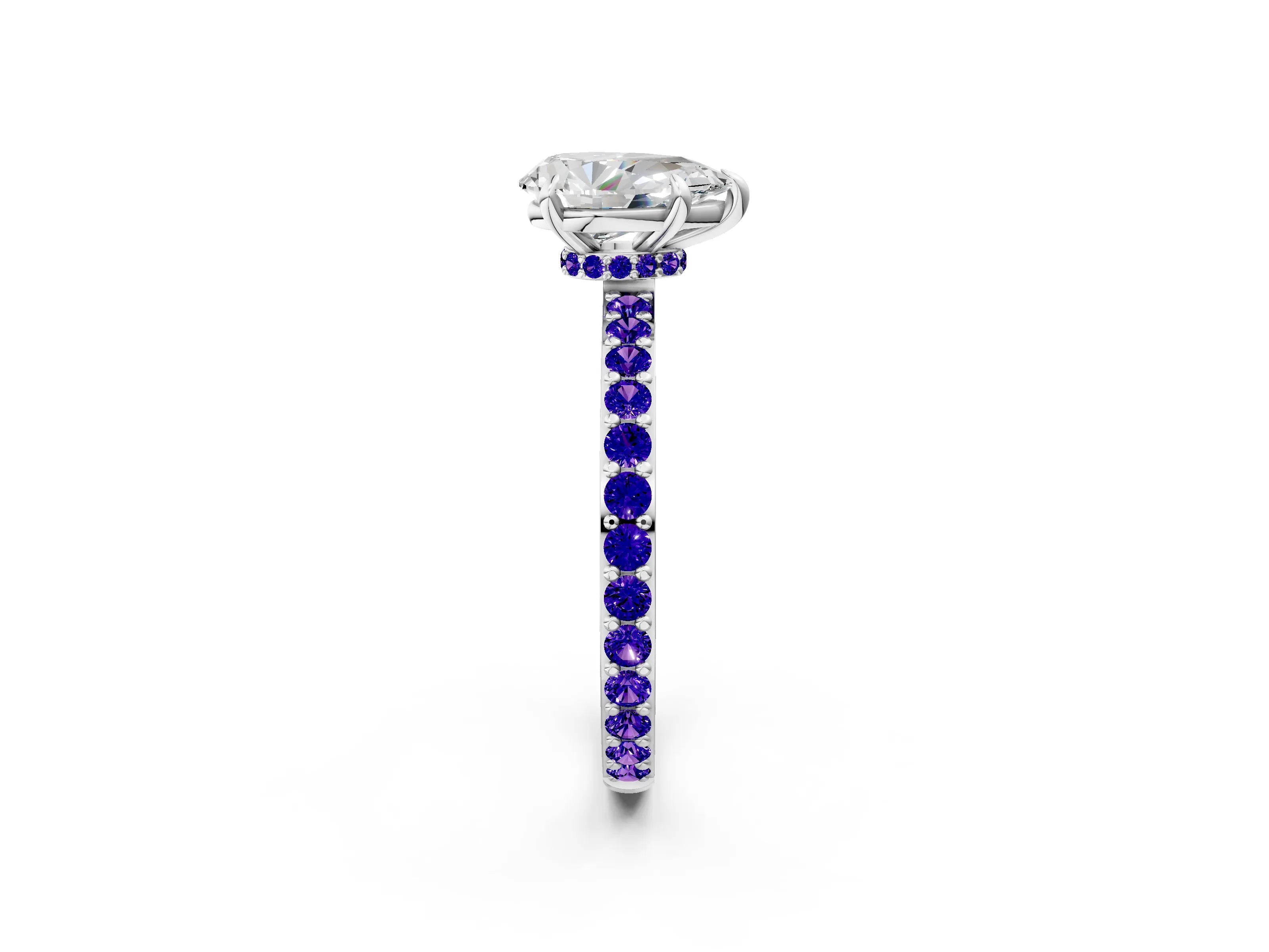 White gold Pear Cut Diamond Pavé Engagement Ring with Round with Tanzanite side stone Accents and Prong Setting_14