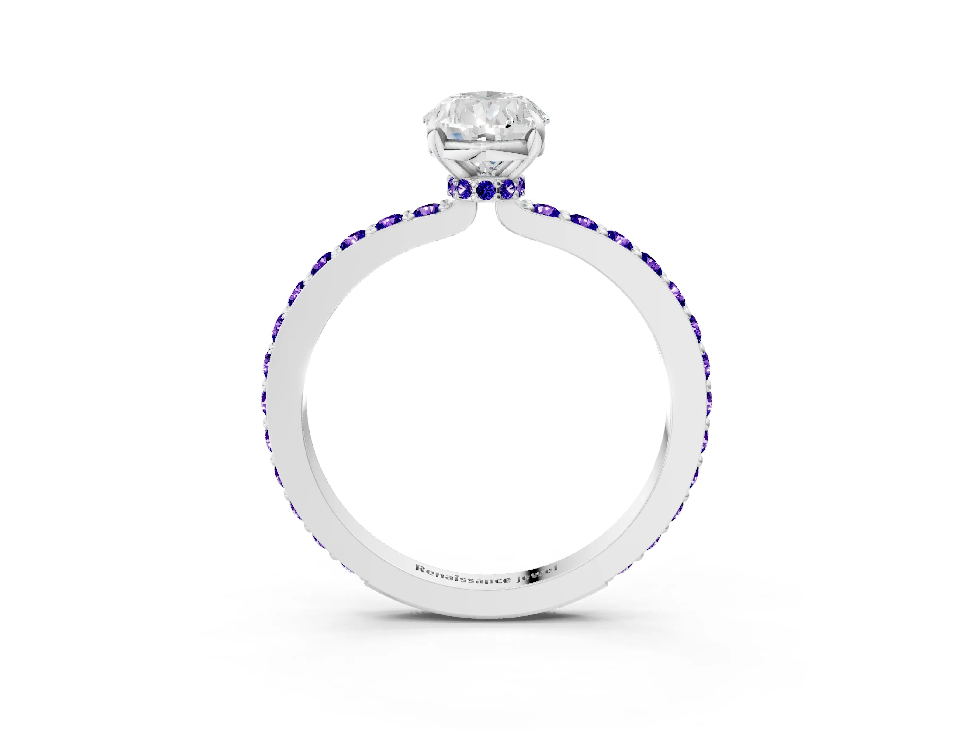White gold Pear Cut Diamond Pavé Engagement Ring with Round with Tanzanite side stone Accents and Prong Setting_15