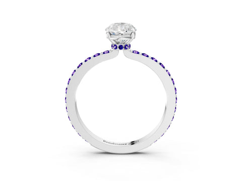 White gold Pear Cut Diamond Pavé Engagement Ring with Round with Tanzanite side stone Accents and Prong Setting_15