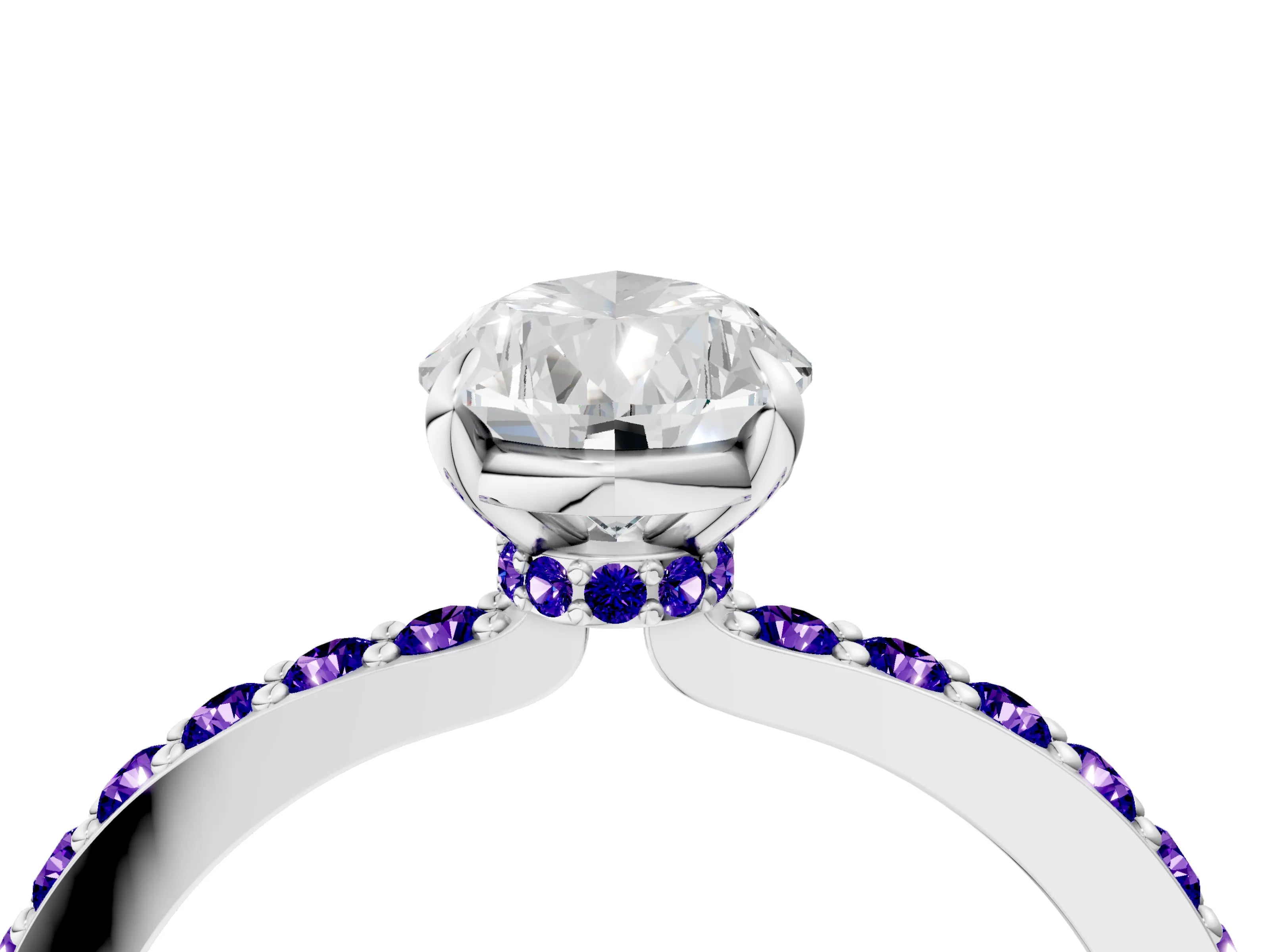 White gold Pear Cut Diamond Pavé Engagement Ring with Round with Tanzanite side stone Accents and Prong Setting_16