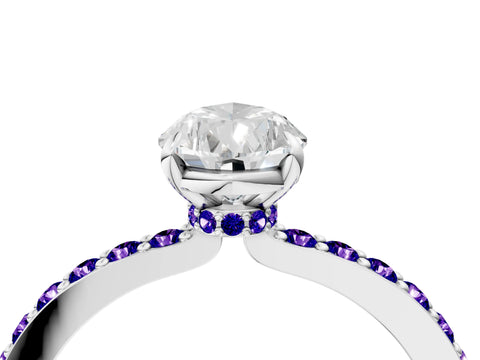 White gold Pear Cut Diamond Pavé Engagement Ring with Round with Tanzanite side stone Accents and Prong Setting_16