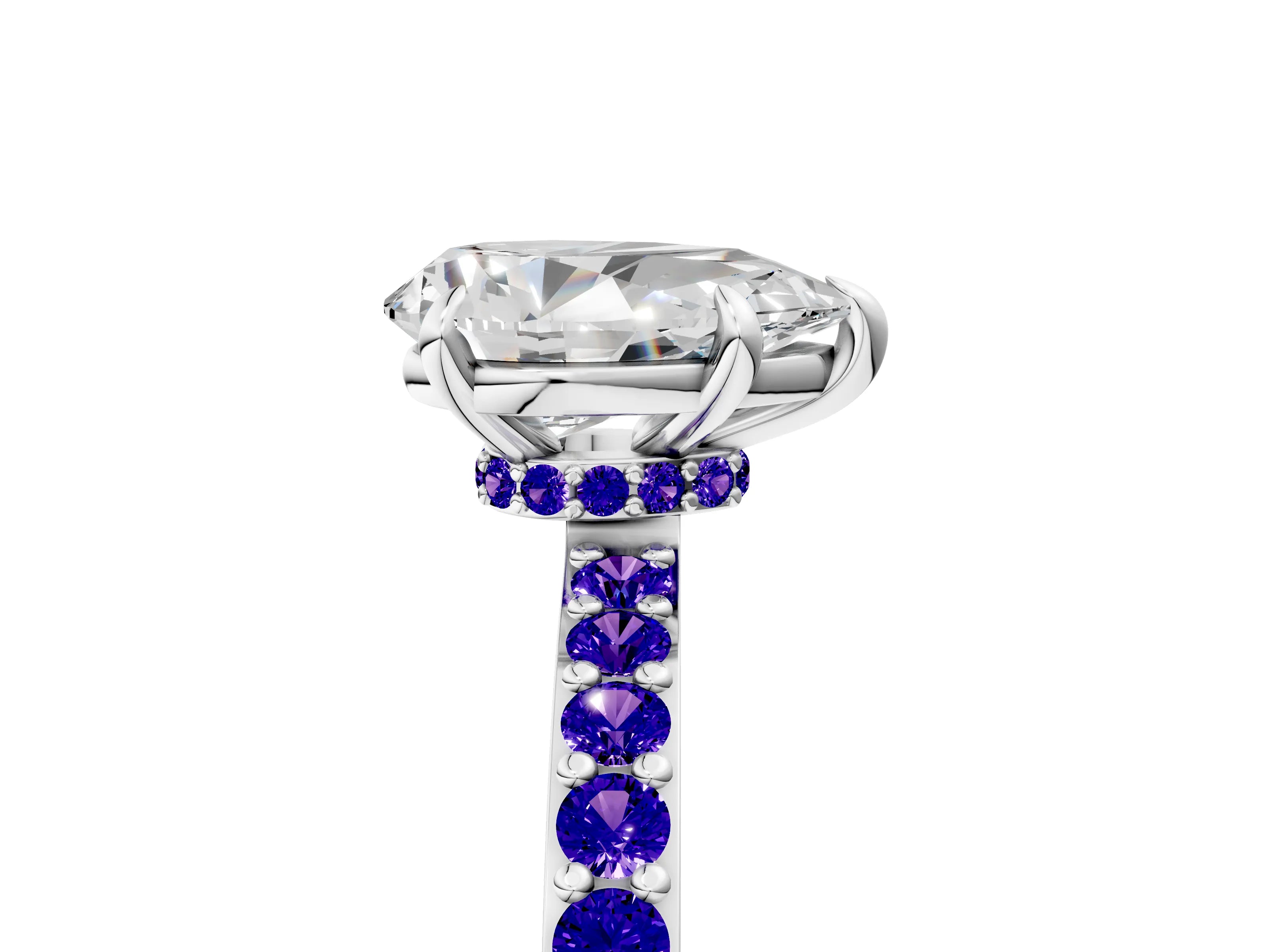 White gold Pear Cut Diamond Pavé Engagement Ring with Round with Tanzanite side stone Accents and Prong Setting_17