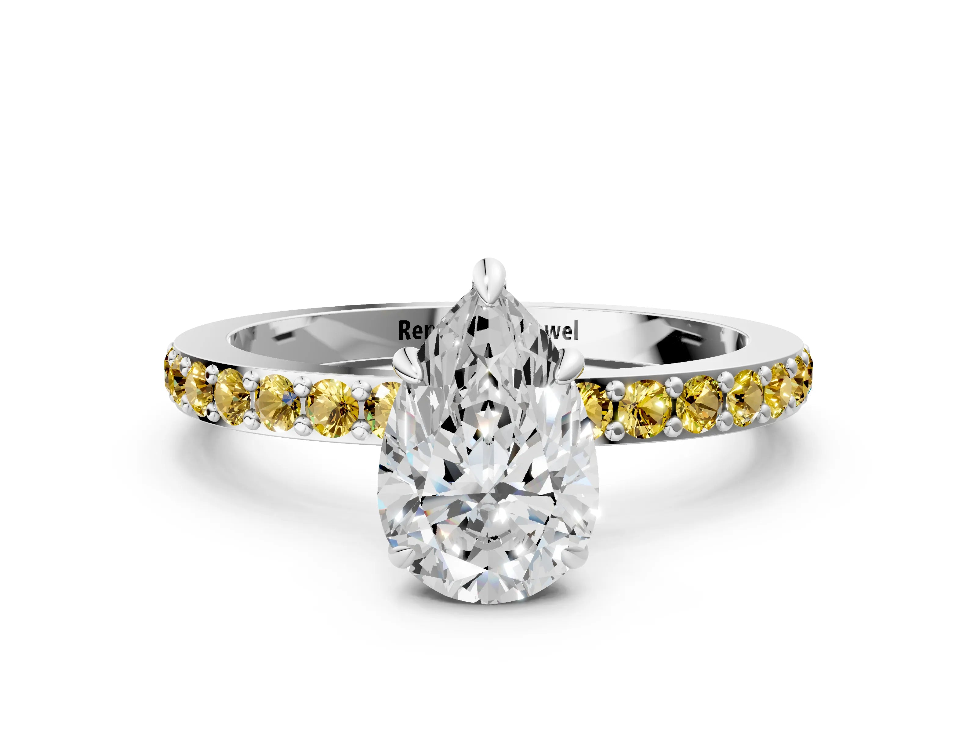 White gold Pear Cut Diamond Pavé Engagement Ring with Round with Yellow Sapphire side stone Accents and Prong Setting_12