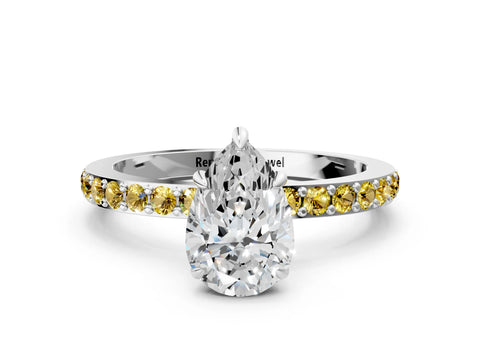 White gold Pear Cut Diamond Pavé Engagement Ring with Round with Yellow Sapphire side stone Accents and Prong Setting_12