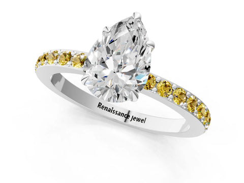 White gold Pear Cut Diamond Pavé Engagement Ring with Round with Yellow Sapphire side stone Accents and Prong Setting_13