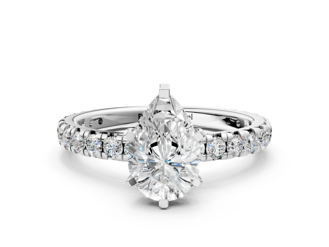 White gold Pear Cut Diamond Pavé Solitaire Ring with Round Band and Prong Setting_16