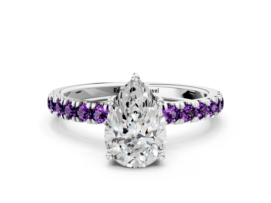 White gold Pear Cut Diamond Pave Band Solitaire Ring with Round with Amethyst side stone and Prong Setting_24