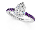 White gold Pear Cut Diamond Pave Band Solitaire Ring with Round with Amethyst side stone and Prong Setting_25