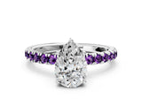 White gold Pear Cut Diamond Pave Band Solitaire Ring with Round with Amethyst side stone and Prong Setting_36