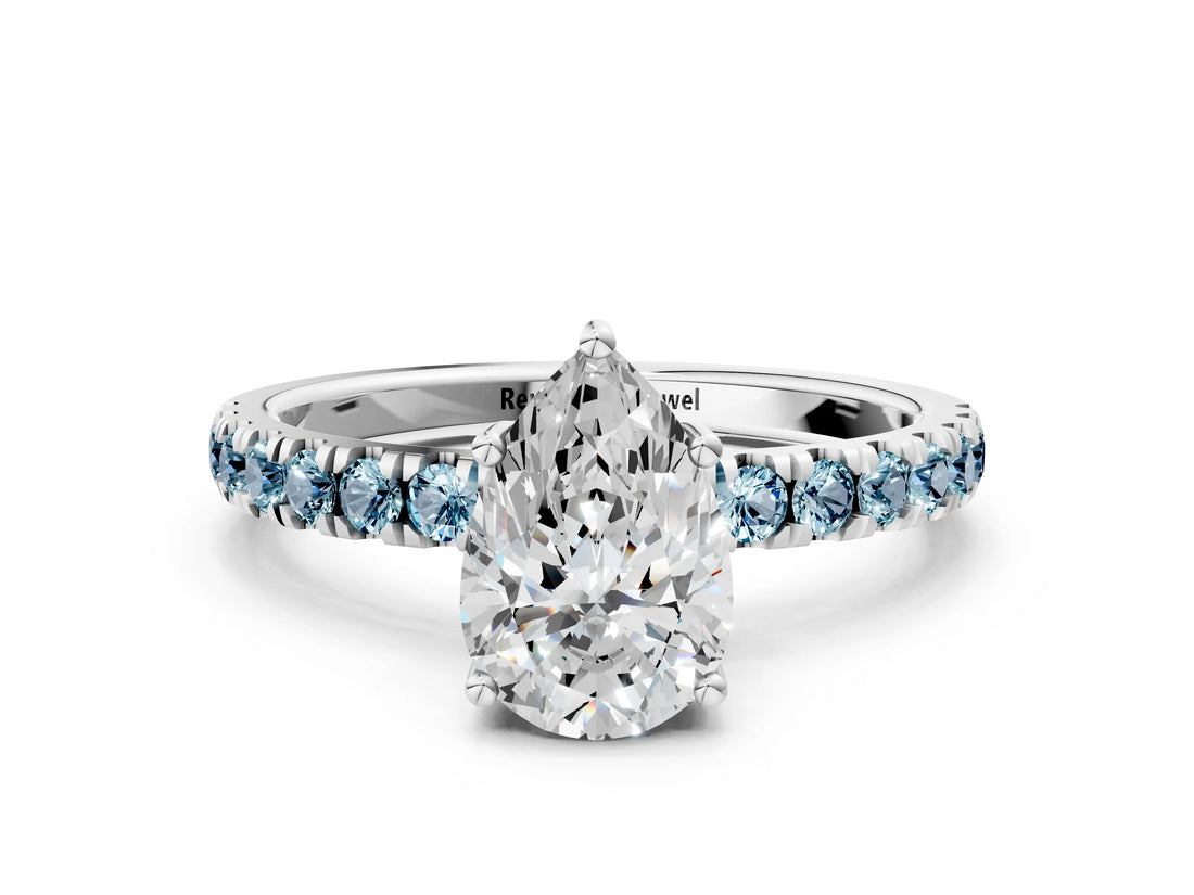 White gold Pear Cut Diamond Pave Band Solitaire Ring with Round with Aquamarine side stone and Prong Setting_12
