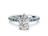 White gold Pear Cut Diamond Pave Band Solitaire Ring with Round with Aquamarine side stone and Prong Setting_12