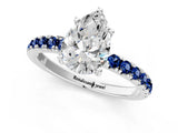 White gold Pear Cut Diamond Pave Band Solitaire Ring with Round with Blue Sapphire side stone and Prong Setting_25