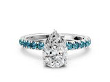 White gold Pear Cut Diamond Pave Band Solitaire Ring with Round with Blue Topaz side stone and Prong Setting_12