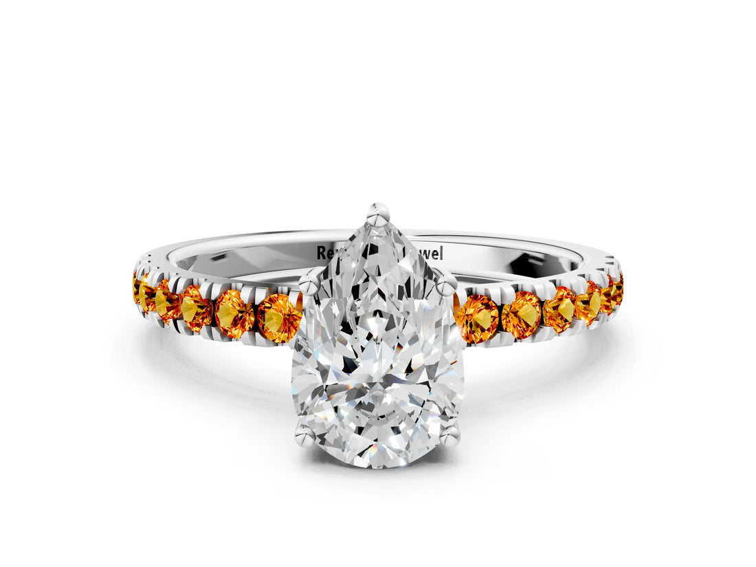 White gold Pear Cut Diamond Pave Band Solitaire Ring with Round with Citrine side stone and Prong Setting