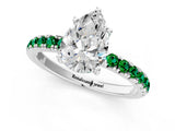 White gold Pear Cut Diamond Pave Band Solitaire Ring with Round with Emerald side stone and Prong Setting_49