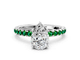 White gold Pear Cut Diamond Pave Band Solitaire Ring with Round with Emerald side stone and Prong Setting_55
