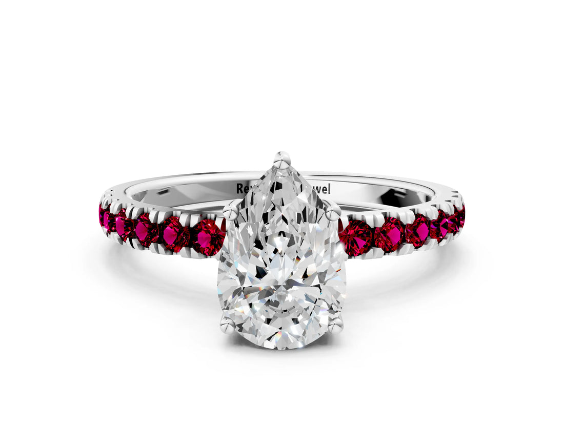 White gold Pear Cut Diamond Pave Band Solitaire Ring with Round with Garnet side stone and Prong Setting_36