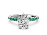 White gold Pear Cut Diamond Pave Band Solitaire Ring with Round with Green Sapphire side stone and Prong Setting_12