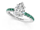 White gold Pear Cut Diamond Pave Band Solitaire Ring with Round with Green Sapphire side stone and Prong Setting_25