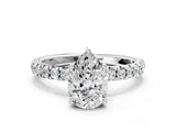 White gold Pear Cut Diamond Pave Band Solitaire Ring with Round with Moissanite side stone and Prong Setting_12