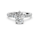 White gold Pear Cut Diamond Pave Band Solitaire Ring with Round with Moissanite side stone and Prong Setting_12
