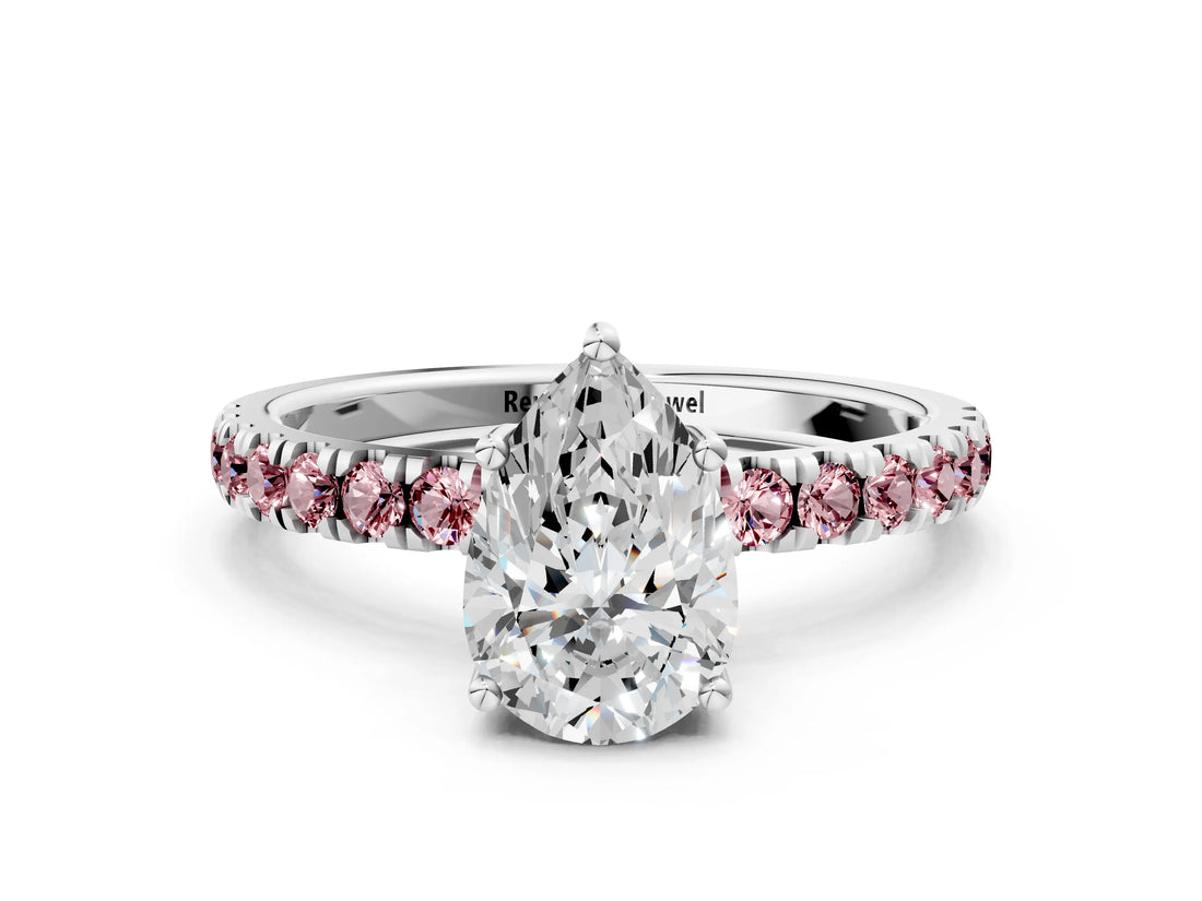 White gold Pear Cut Diamond Pave Band Solitaire Ring with Round with Morganite side stone and Prong Setting
