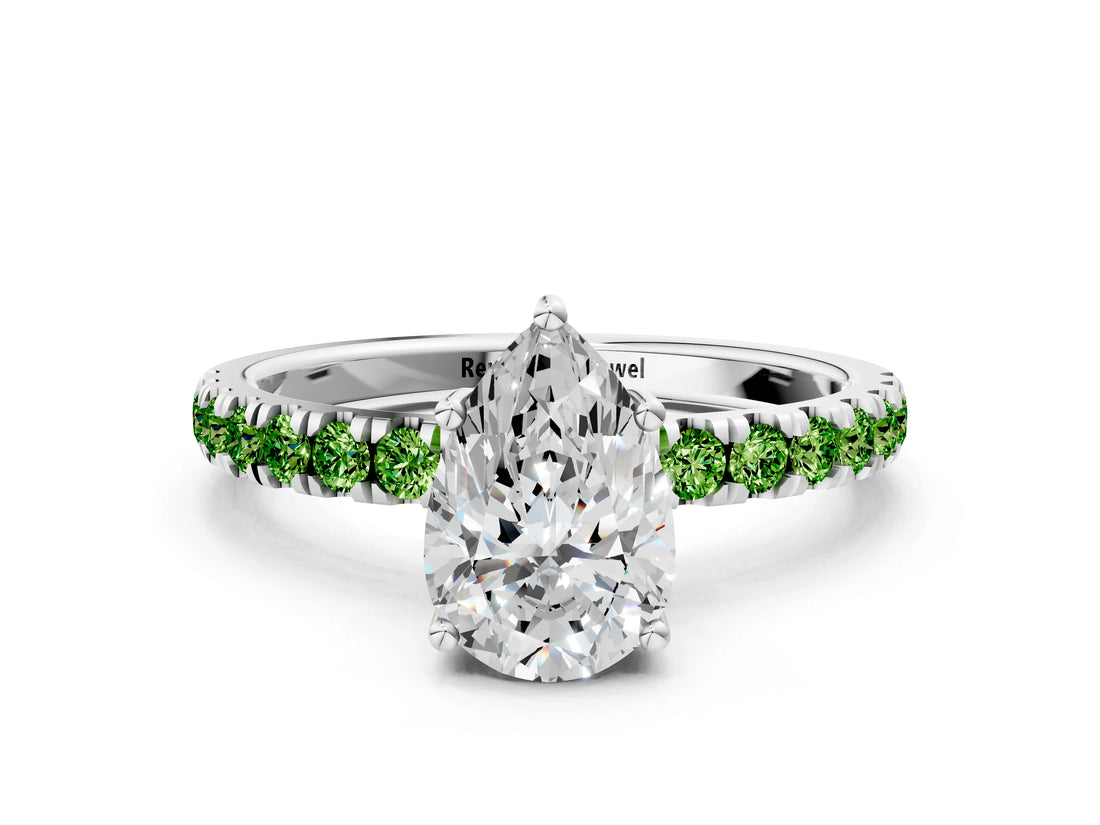 White gold Pear Cut Diamond Pave Band Solitaire Ring with Round with Peridot side stone and Prong Setting