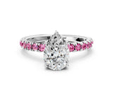 White gold Pear Cut Diamond Pave Band Solitaire Ring with Round with Pink Sapphire side stone and Prong Setting_12
