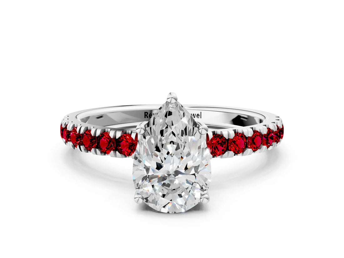 White gold Pear Cut Diamond Pave Band Solitaire Ring with Round with Ruby side stone and Prong Setting_12