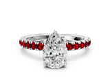 White gold Pear Cut Diamond Pave Band Solitaire Ring with Round with Ruby side stone and Prong Setting