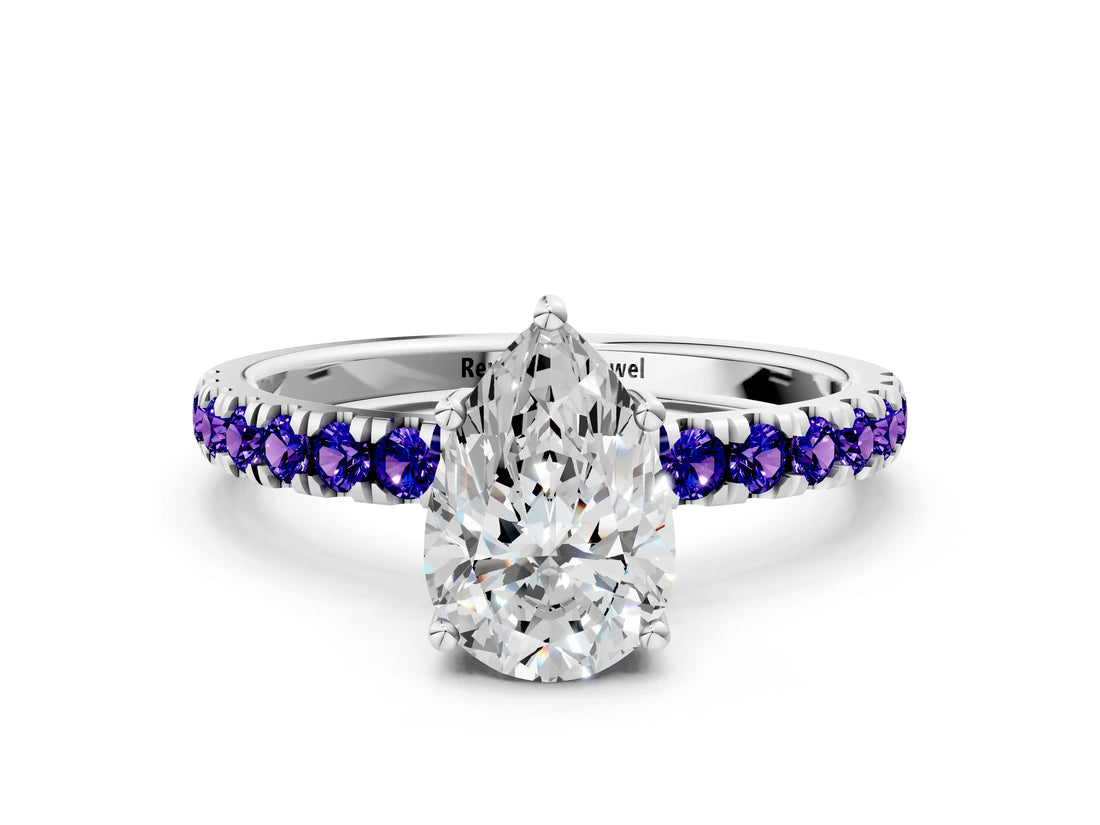 White gold Pear Cut Diamond Pave Band Solitaire Ring with Round with Tanzanite side stone and Prong Setting_11