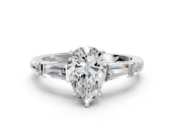 White gold Pear Cut Diamond Ring with Baguette Side Stones, Channel Set Band, and Four-Prong Setting