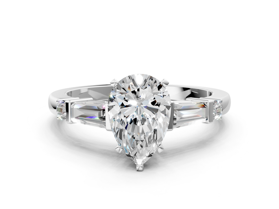 White gold Pear Cut Diamond Ring with Baguette Side Stones, Channel Set Band, and Four-Prong Setting