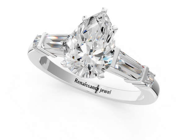 White gold Pear Cut Diamond Ring with Baguette Side Stones, Channel Set Band, and Four-Prong Setting