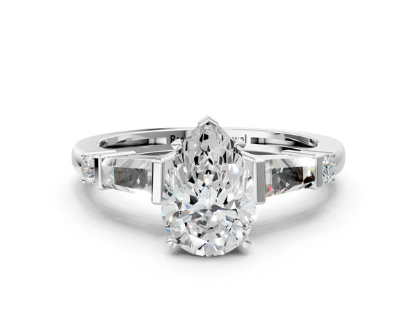 White gold Pear Cut Diamond Ring with Baguette Side Stones, Channel Set Band, and Four-Prong Setting